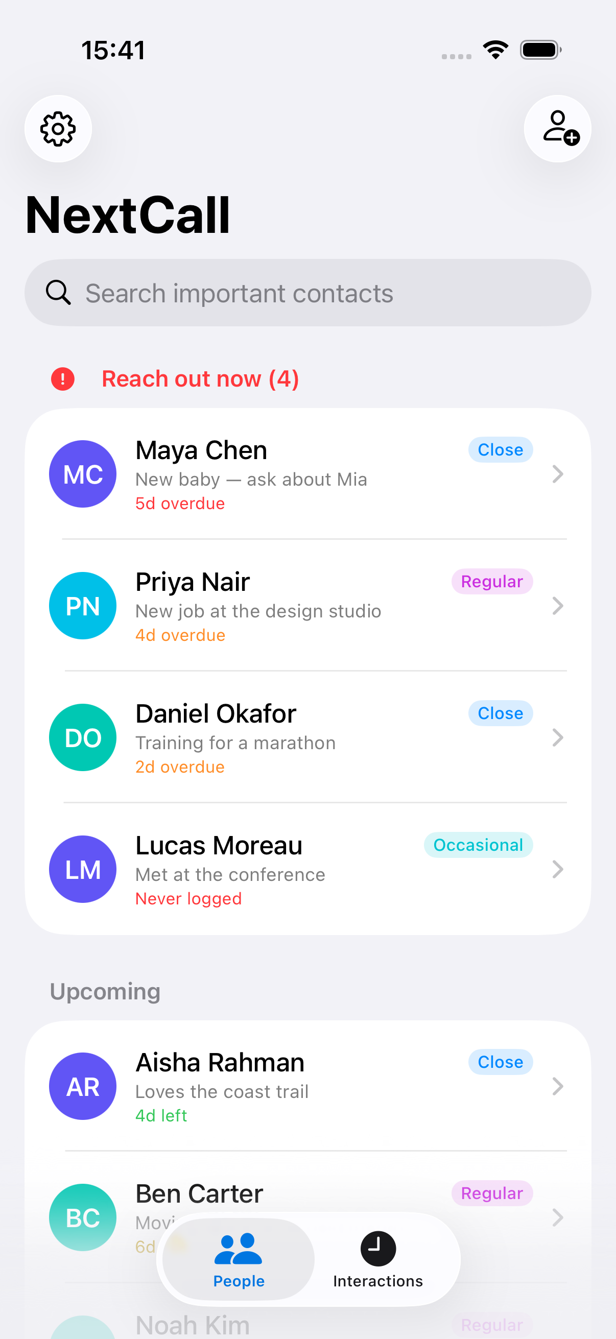 Next Call — important contacts list